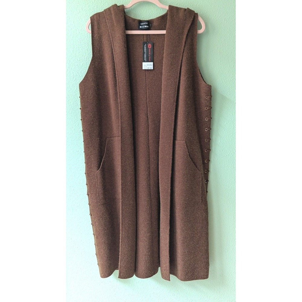 Vintage Acciaio Italy NWT Wool Cashmere Hooded Long Vest Brown Grommet Lagenlook